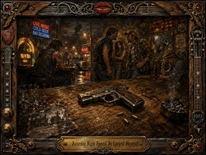 A gritty hand-painted Southern bar scene centers on a worn handgun lying across a scarred wooden counter, surrounded by bullets, broken glass, and cigarette smoke. Behind it, tense figures argue beneath neon signs and dim amber light. Rich browns, rusty reds, and smoky shadows heighten the ominous mood, all enclosed in an ornate rock-inspired decorative frame.