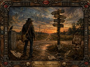 A lone guitarist stands at a weathered rural crossroads, gazing toward a glowing sunset along a muddy road lined with telephone poles and fields. Warm amber, rust, brown, and smoky blue tones create a reflective, searching mood. Ghostly musicians, musical notes, scattered papers, and an ornate rock-inspired frame deepen the symbolism.
