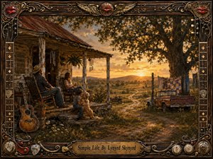 A warm, detailed painting portrays a family relaxing on a weathered farmhouse porch at sunset, overlooking fields, a winding dirt road, an old pickup, and a sprawling oak. Golden amber light, rustic earth tones, wildflowers, a guitar, and a loyal dog create a peaceful, nostalgic celebration of simple country life.