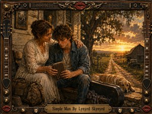 A tender mother and son sit closely on a weathered Southern porch, sharing a quiet moment beside an old book and guitar case. Golden sunset light floods a country road, barn, fields, and resting dog. Rich earth tones, expressive brushwork, and an ornate music-inspired frame create a reflective, heartfelt atmosphere.