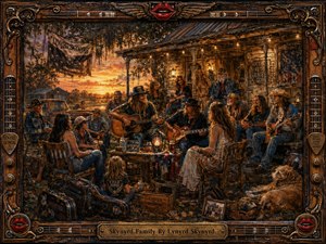 A warmly lit, richly painted Southern porch scene shows a multigenerational circle of musicians, family, and friends gathered at sunset, sharing guitars, stories, and quiet joy. Golden lantern light, amber skies, weathered wood, rustic signs, and a sleeping dog create a nostalgic atmosphere, all enclosed within an ornate rock-inspired decorative frame.