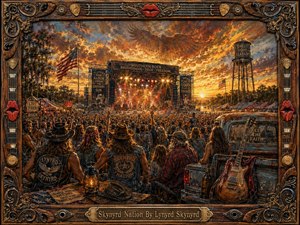 A richly detailed Southern rock festival unfolds at sunset, with a vast crowd facing a glowing concert stage beneath dramatic amber clouds. Weathered trucks, guitars, flags, lanterns, and denim-clad fans create a gritty, nostalgic atmosphere. Ornate carved wood, bronze, ironwork, guitar hardware, and red lips form the elaborate musical frame.