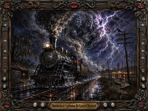 A thunderous steam locomotive surges through a rain-soaked Southern night, its smokestack twisting into ghostly faces beneath jagged violet lightning. Reflections shimmer across flooded tracks, while telegraph poles, crows, and a distant glow deepen the haunted mood. Richly painted in dark blues, charcoal, bronze, and ember-orange, the scene is enclosed by an ornate rock-inspired frame.