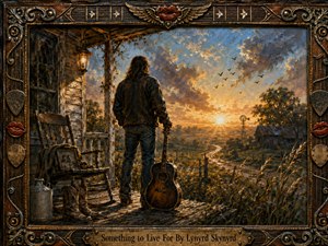 A lone man stands on a weathered Southern porch beside an old acoustic guitar, gazing toward a glowing sunrise over fields, a winding road, windmill, and rustic barn. Warm golds and deep earth tones contrast with blue-gray clouds, while textured painterly brushwork, nostalgic objects, birds, and an ornate musical frame create a reflective, hopeful mood.