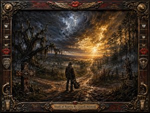 A lone wanderer holding a guitar stands at a muddy southern crossroads, facing a glowing horizon beneath violent storm clouds. Twisted moss-draped trees, crows, fences, and distant buildings deepen the haunted atmosphere. Painted in richly textured, cinematic detail, the scene glows with amber light, framed by ornate rustic guitar-themed metalwork.