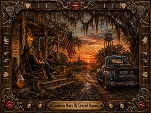 An ornate hand-painted Southern scene glows at sunset, centered on a weathered porch where friends gather beneath moss-draped oaks beside a loyal dog, a guitar, and a rusted pickup. Warm amber, copper, and deep blue tones create a nostalgic, soulful mood, while the elaborate musical frame and engraved title plate enrich the composition.