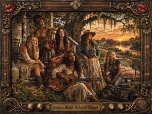 Six confident Southern women gather on a weathered porch beneath moss-draped oaks at glowing sunset, surrounded by wildflowers, a vintage car, guitar, and river landscape. Warm gold, amber, denim blue, and earthy tones create a nostalgic, spirited mood. Rich painterly realism and an ornate music-inspired frame add texture, character, and Southern rock atmosphere.