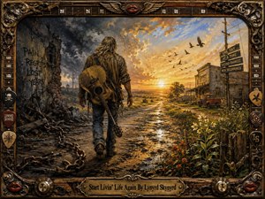 A weathered guitarist walks from storm-dark ruins toward a glowing Southern sunrise, leaving broken chains and memories behind. Golden light floods a muddy road, wildflowers, birds, and an old general store, creating a hopeful mood of renewal. Rich oil-painted textures, earthy colors, dramatic contrast, and an ornate music-themed frame complete the scene.