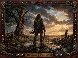 A lone long-haired musician stands in a muddy country road at sunrise, gripping a battered guitar and facing a storm-torn horizon with fierce resolve. Golden light breaks through dark clouds, illuminating broken fences, chains, and a scarred tree, while an ornate rock-inspired frame of wood, iron, lips, and guitar details surrounds the dramatic painted scene.