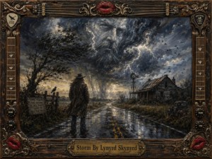 A lone, weathered figure faces a violent Southern storm along a rain-soaked country road, framed by twisted trees, an aging farmhouse, windmill, and distant lightning. Deep blues, charcoal grays, bronze, and pale gold create a brooding mood, while expressive impasto textures, ghostly cloud forms, and ornate musical framing heighten the drama.