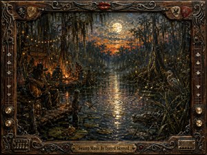 A richly textured painted scene shows musicians gathered on a weathered dock in a moonlit Southern swamp, surrounded by cypress trees, fireflies, rippling water, and glowing campfire light. Deep amber, bronze, and blue tones create a mystical, backwoods mood, while frogs, dragonflies, a heron, and an alligator add vivid life.