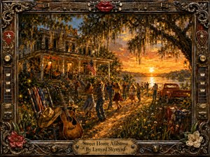 A richly detailed painted Southern sunset shows a lively porch gathering beside a glowing river, with dancers, musicians, a vintage pickup, wildflowers, and a weathered acoustic guitar. Warm gold, amber, red, and earthy tones create a nostalgic, celebratory mood, framed by ornate carved wood, metalwork, guitar details, and decorative red lips.