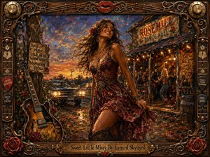 A radiant young Southern woman in a flowing red dress twirls outside a rustic dance hall at sunset, her hair windswept and joyful beneath glowing porch lights. Warm amber, rose, and twilight blue tones enrich the scene, while vintage cars, musicians, roses, and an ornate guitar-themed frame create a lively, romantic Southern rock atmosphere.