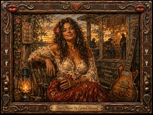 A warm, richly textured Southern portrait shows a confident woman relaxing on a rustic porch at sunset, holding a mason jar as musicians play nearby. Golden amber light, deep reds, weathered wood, flowers, and glowing lanterns create an affectionate, soulful mood, framed by ornate guitar-inspired metalwork and vintage rock-and-roll details.