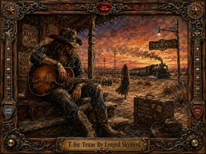 A rugged guitarist sits on a weathered porch at a lonely Texas rail stop, his worn acoustic guitar resting across his lap as a woman walks toward a steaming train beneath a blazing sunset. Painted in rich, textured detail, the scene glows with amber light, dust, melancholy, and an ornate music-themed frame of carved wood, iron, and bronze.