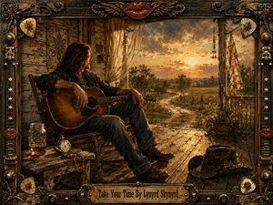 A reflective guitarist sits on a weathered Southern porch at sunset, gazing across a winding country road and quiet fields. Warm amber light, earthy browns, muted greens, and dramatic clouds create a nostalgic, unhurried mood. Rich oil-painted textures, a pocket watch, mason jar, worn hat, and ornate guitar-themed frame deepen the storytelling.
