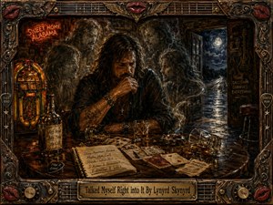 A brooding man sits at a worn roadhouse table, surrounded by ghostly versions of himself whispering conflicting thoughts. Warm amber jukebox light contrasts with a cool moonlit road beyond the doorway. Whiskey, cards, notes, smoke, and Southern rock details enrich the textured painterly scene, enclosed by an ornate guitar-inspired frame.