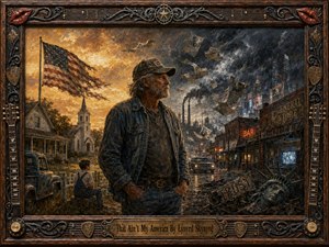 A weathered working man stands between two visions of America: a golden rural past of church, flag, farmhouse, and pickup, and a dark industrial town choked by smoke, neon, debris, and shattered trust. Rich oil textures, stormy contrasts, warm sunset light, and an ornate guitar-inspired frame deepen the somber, defiant mood.