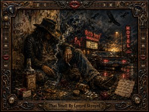 A weary, long-haired drifter slumps beside a decaying roadside roadhouse, surrounded by spilled liquor, cigarettes, scattered pills, wilted roses, and curling smoke. Crimson neon, amber streetlights, and wet reflections pierce deep blues and blacks, creating a sinister Southern noir atmosphere. An ornate, weathered musical frame completes the gritty painted composition.