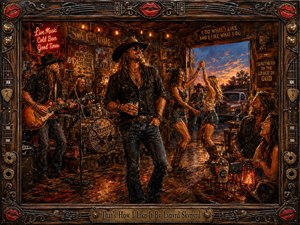 A richly detailed painted scene shows a long-haired Southern rocker standing confidently in a lively roadhouse as a band plays and couples dance around him. Warm amber and red light glows across weathered wood, neon signs, whiskey bottles, and a sunset doorway, all enclosed by an ornate guitar-themed frame with a brass title plate.
