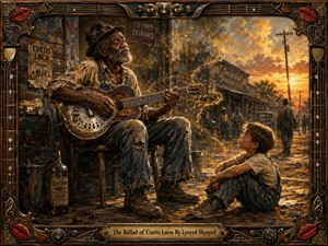 An elderly blues guitarist plays on a weathered Southern porch while a young boy listens intently at sunset. Warm gold, rust, brown, and faded blue tones create a nostalgic, soulful mood. Painterly textures, glowing musical swirls, old storefronts, worn clothing, and an ornate guitar-inspired frame enrich the storytelling.