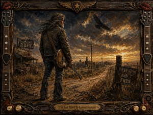 A lone, weathered guitarist stands on a dusty road facing a ruined town beneath a stormy, glowing sunset, embodying defiance and solitude. Rendered in richly textured, dramatic brushwork, the scene glows with bronze, amber, and deep shadow. An ornate musical frame surrounds the composition, with guitar details, red lips, metalwork, and a titled plaque.