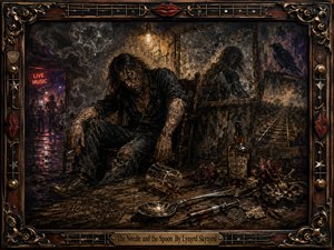 A weary long-haired man slumps in a dim, smoke-stained room, surrounded by a spoon, syringe, whiskey bottle, wilted roses, and scattered ash. Warm amber light cuts through deep browns, blacks, and rust tones, while cracked reflections, distant neon, and an ornate guitar-themed frame heighten the paintings haunted, gritty Southern gothic mood.