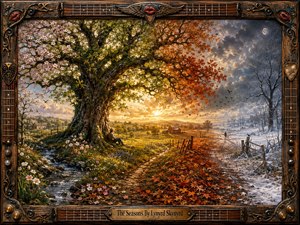 A richly detailed painted countryside unfolds through spring blossoms, golden summer fields, fiery autumn leaves, and snow-covered winter beneath a massive ancient tree. Warm sunlight fades into cool moonlit gray, creating a reflective, timeless mood. An ornate weathered wood-and-metal frame incorporates guitar motifs, red lips, hardware, and a centered title plaque.