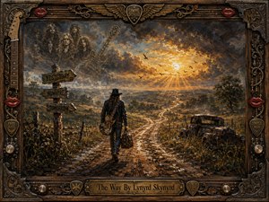 A lone, long-haired traveler walks a muddy winding road through open countryside toward a radiant break in storm-dark clouds, carrying a guitar and bag. Rendered in rich, textured oils with glowing golds, rusts, and deep browns, the scene feels soulful and searching, enclosed by an ornate southern-rock frame of wood, iron, and musical motifs.