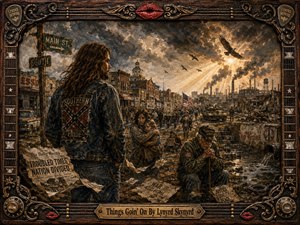 A rugged Southern observer overlooks a troubled small town filled with protesters, struggling families, veterans, industrial smoke, polluted water, and scattered newspapers. Earthy browns, faded blues, charcoal grays, and golden light create a tense yet hopeful mood. Rich painterly textures and a weathered musical frame give the scene dramatic, handcrafted depth.