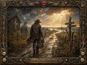 A lone, road-worn musician walks down a muddy country lane carrying a guitar, while a ghostly companion fades beside him beneath clearing storm clouds. Golden sunlight pours across wetlands and broken fences, balancing sorrow with hope. Rendered in richly textured, dramatic paint, the scene is enclosed by an ornate Southern rock frame of wood, iron, lips, strings, and knobs.