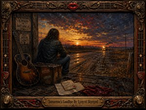 A solitary traveler sits beside a worn guitar and stickered suitcase, watching a distant train cross a rain-darkened Southern landscape beneath a fiery sunset. Scattered letters and a red bandana deepen the reflective farewell mood. Rich oils, amber and indigo light, weathered textures, and an ornate music-inspired frame create a cinematic, nostalgic atmosphere.