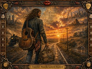 A rugged traveling musician walks a rain-darkened highway toward a blazing golden sunset, carrying a weathered guitar and patched duffel bag. Southern landmarks, a steam locomotive, distant cities, and telephone poles surround him. Rich amber, bronze, and earthy tones create a nostalgic, reflective mood within an ornate guitar-themed painted frame.