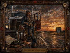 A rugged truck driver leans against a weathered semi on a rain-dark highway at sunset, gazing toward a glowing Southern horizon. Warm amber, bronze, and smoky blue tones fill the richly textured painted scene, while a dramatic sky, CB radio, roadside sign, and ornate music-themed frame heighten its soulful, road-worn mood.