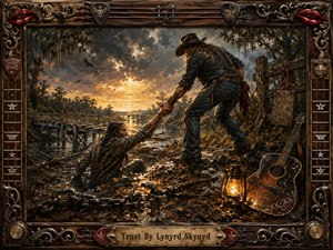 Two rugged men clasp hands beside a muddy river crossing at sunset, one pulling the other to safety. Golden light breaks through storm clouds, reflecting across wet earth, a glowing lantern, broken chain, and battered guitar. An ornate Southern rock frame surrounds the richly textured, dramatic oil-painted scene.