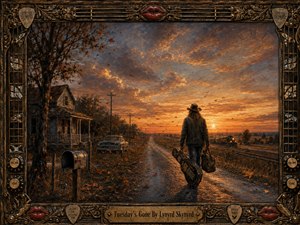 A lone traveler carrying a guitar case walks down a leaf-strewn country road toward a glowing sunset, leaving a weathered farmhouse and vintage car behind. Warm amber, rust, and dusky blue tones create a wistful, reflective mood, framed by ornate wood, bronze, guitar hardware, red lips, and a subtle fading clock.