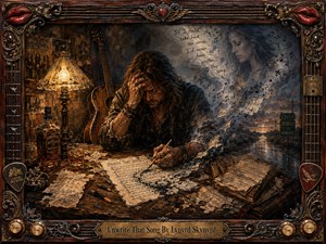 A weary songwriter hunches over a cluttered wooden table, trying to erase heartbreak from a page as whiskey, scattered lyrics, and a glowing lamp surround him. Smoke, sheet music, and floating notes dissolve into a ghostly woman and lonely road, while an ornate, guitar-themed frame deepens the paintings dark, sorrowful Southern mood.