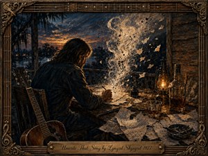 A solitary songwriter sits at a weathered desk on a rustic porch at dusk, surrounded by torn sheet music, a guitar, whiskey, and a glowing lantern. Smoky musical notes rise from the page, deepening the mood of regret and reflection. Warm amber light and cool twilight blues enrich the richly textured, dramatic painted scene.