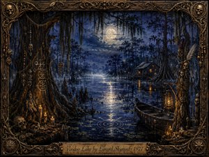 A moonlit Southern swamp stretches beneath tangled cypress trees and hanging moss, glowing with eerie blue reflections, drifting mist, and warm candlelight. Weathered charms, skulls, ritual markings, a lantern-lit boat, and a distant cabin deepen the mysterious atmosphere. An ornate antique frame and engraved title plate complete the richly painted gothic composition.
