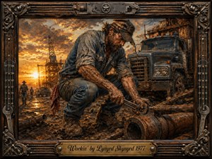 A rugged worker kneels over heavy industrial piping at a muddy worksite, framed by an aging truck, distant laborers, and steel structures. Dramatic sunset light floods the scene with gold, rust, and deep blue tones. Rich painterly textures, weathered details, and an ornate mechanical frame create a gritty, hardworking Southern atmosphere.