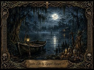 A haunting Southern Gothic swamp unfolds beneath a luminous full moon, with misty cypress trees, dark reflective water, and a weathered rowboat lit by a warm lantern. Ritual objects, candles, bottles, skulls, and a spectral figure deepen the eerie atmosphere. An ornate, weathered frame completes the richly detailed painterly composition.