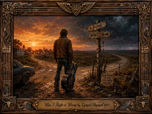 A lone traveler stands at a dusty rural crossroads, guitar case in hand, choosing between a warmly glowing hometown and a dark, stormy horizon. Rich amber, rust, blue, and charcoal tones create a reflective, conflicted mood. Painterly textures, dramatic sunset lighting, weathered signs, an old car, and ornate musical framing deepen the Southern-rock atmosphere.
