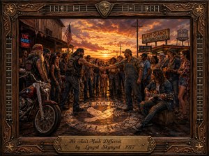 A glowing Southern street scene unfolds at sunset as bikers, workers, musicians, and families gather in a muddy small-town crossroads, where two men meet in a symbolic handshake. Rich amber light, deep shadows, and reflective puddles heighten the unity-filled mood, while an ornate wood-and-metal frame and engraved title plate complete the dramatic painted composition.