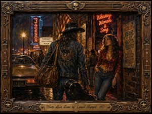A long-haired Southern rocker carrying a guitar case meets a confident woman outside a lively 1970s music club. Neon signs, wet pavement, vintage cars, and crowded nightlife create a restless, flirtatious mood. Rich amber, crimson, blue, and brass tones glow dramatically within a textured, ornate guitar-inspired wooden frame.