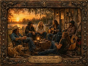 A warmly lit, highly detailed rustic painting shows a circle of long-haired friends gathered on a weathered lakeside porch at sunset, sharing drinks, laughter, and music. Amber light glows across denim, guitars, and a resting dog, while an ornate carved frame and engraved title plate deepen the nostalgic Southern atmosphere.