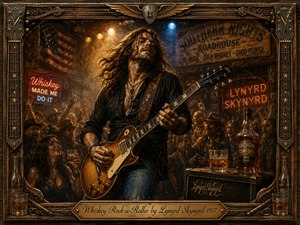 A wild-haired guitarist commands a smoky Southern roadhouse stage, surrounded by cheering whiskey-raising fans, glowing neon signs, and warm amber spotlights. Rich browns, golds, and deep shadows create a gritty, electrified mood. The detailed painterly scene is enclosed by an ornate guitar-and-whiskey frame with a polished engraved title plate.