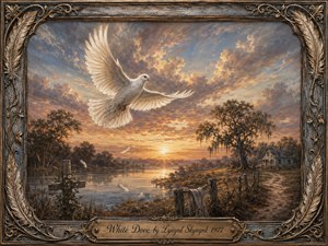 A luminous white dove soars above a tranquil Southern riverside at sunset, framed by weathered trees, a distant farmhouse, rustic fencing, and drifting feathers. Warm gold, amber, blue, and muted earth tones create a reflective, hopeful mood. Detailed painterly realism, dramatic clouds, glowing water, and an ornate antique frame complete the scene.