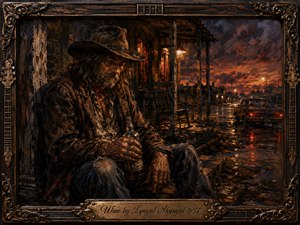 A weary, weathered man sits on a decaying Southern porch clutching a bottle as a rain-darkened road stretches beneath a fiery dusk sky. Warm amber lights contrast with deep browns, reds, and charcoal shadows. Expressive oil-like brushwork, a vintage car, ornate guitar-inspired framing, and an engraved title plate intensify the melancholy atmosphere.