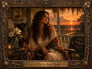 A warmly lit, painterly portrait shows a dark-haired woman seated on a rustic Southern porch at sunset, gazing dreamily across glowing marshland. Rich amber, bronze, and rose tones bathe the scene, while guitars, magnolias, a mason jar, and weathered wood deepen its nostalgic romance. An ornate carved frame and engraved title plate complete the intimate composition.