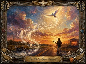 A lone guitarist stands beside an open highway beneath a blazing golden sunset as a white bird soars upward through an S-shaped trail of feathers and glowing bubbles. Warm amber, violet, and blue tones create a nostalgic, liberating mood, framed by ornate chrome, gold, guitar strings, picks, and engraved musical details.
